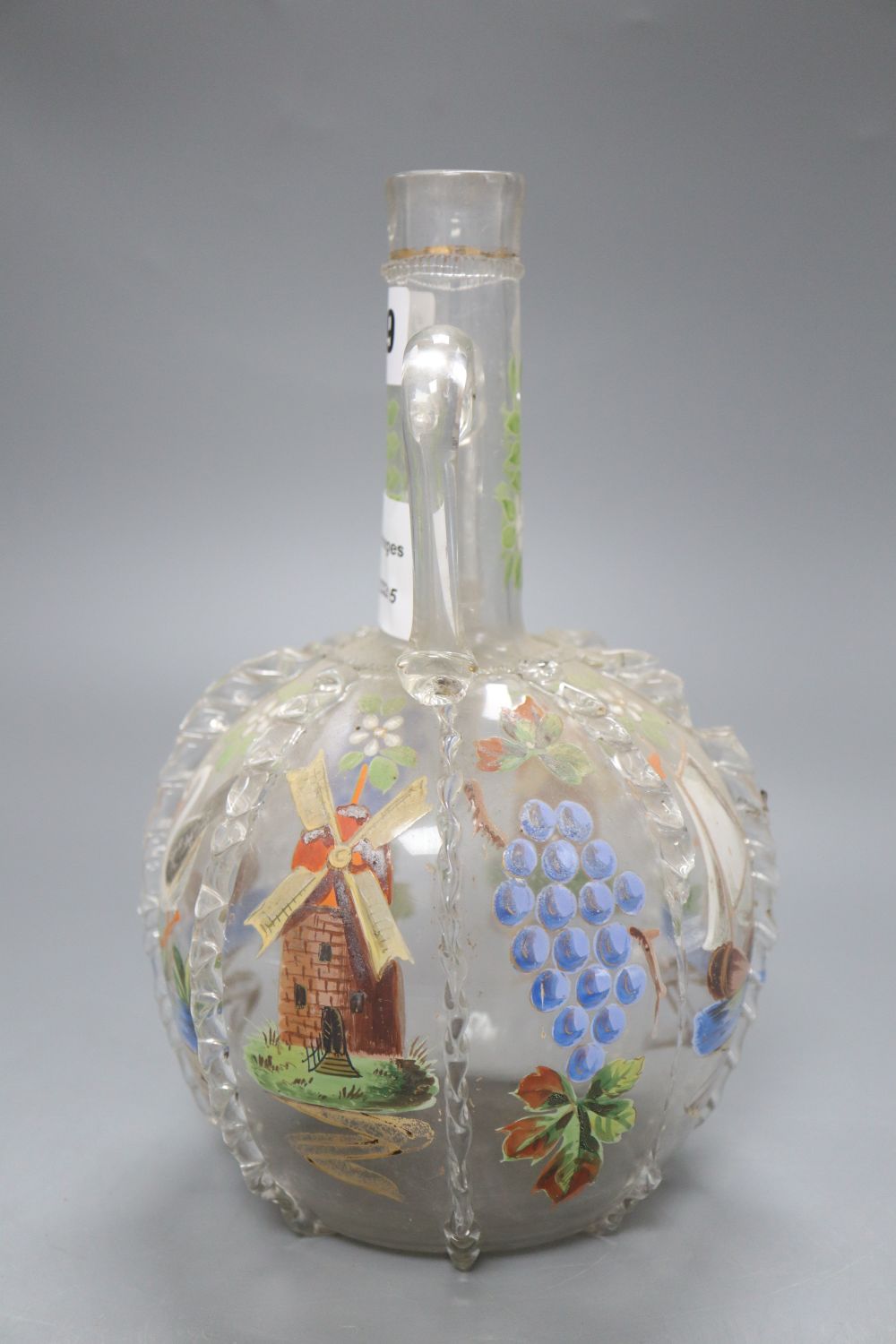 A Belgian enamel painted glass decanter, height 25cm